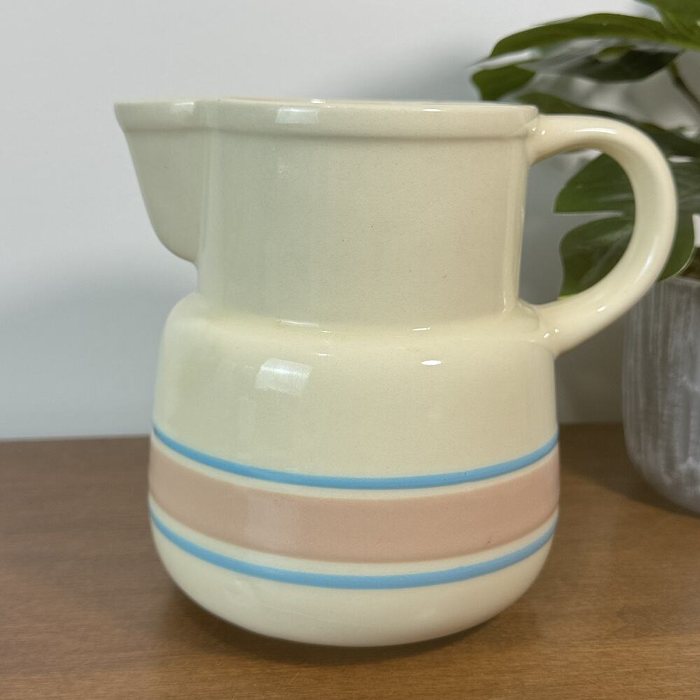 Vintage McCoy Pottery Pitcher 132 Cream Pink Blue Striped Jug USA Farmhouse